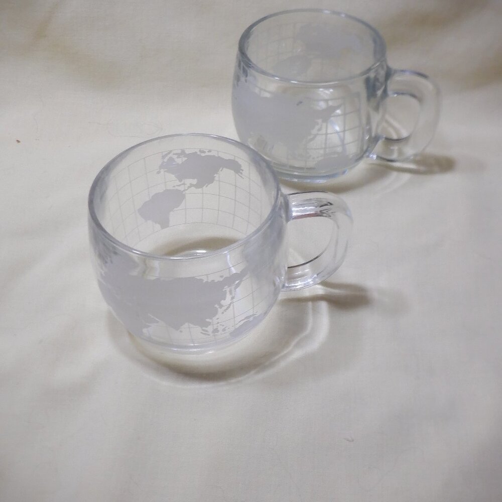 VINTAGE - Set of (2) 70's NESCAFE Coffee Mugs Etched Frosted World Map
